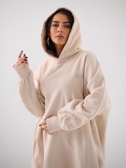 Bluza Z Kapturem Super Oversize Damska Beżowa Natural Side Haft Logo NS2551