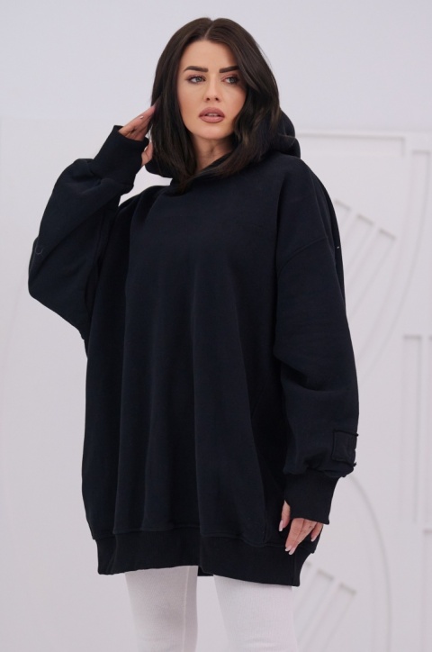 Bluza Z Kapturem Super Oversize Damska Czarna Natural Side Haft Logo NS2551