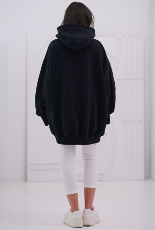 Bluza Z Kapturem Super Oversize Damska Czarna Natural Side Haft Logo NS2551
