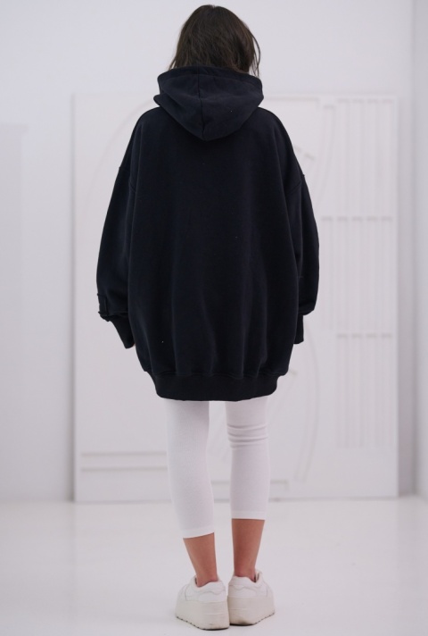 Bluza Z Kapturem Super Oversize Damska Czarna Natural Side Haft Logo NS2551