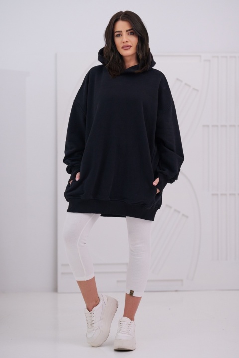 Bluza Z Kapturem Super Oversize Damska Czarna Natural Side Haft Logo NS2551