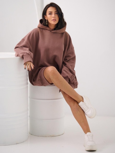 Bluza Z Kapturem Super Oversize Damska Brązowa Natural Side Haft Logo NS2551