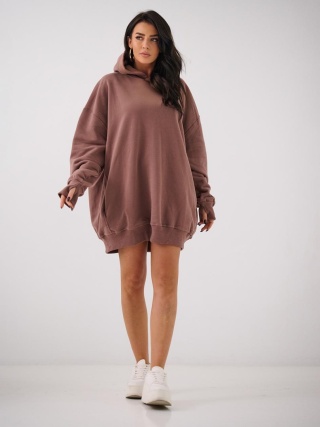 Bluza Z Kapturem Super Oversize Damska Brązowa Natural Side Haft Logo NS2551