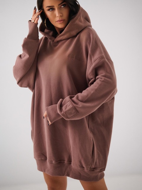 Bluza Z Kapturem Super Oversize Damska Brązowa Natural Side Haft Logo NS2551